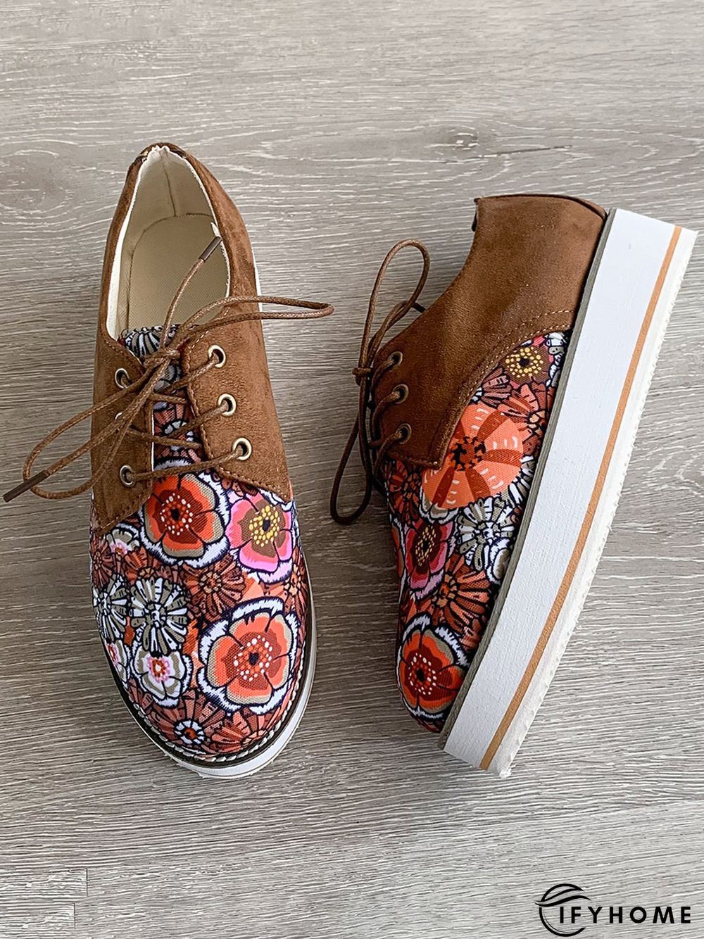 Floral Printed Patchwork Lace Up Shoes | IFYHOME