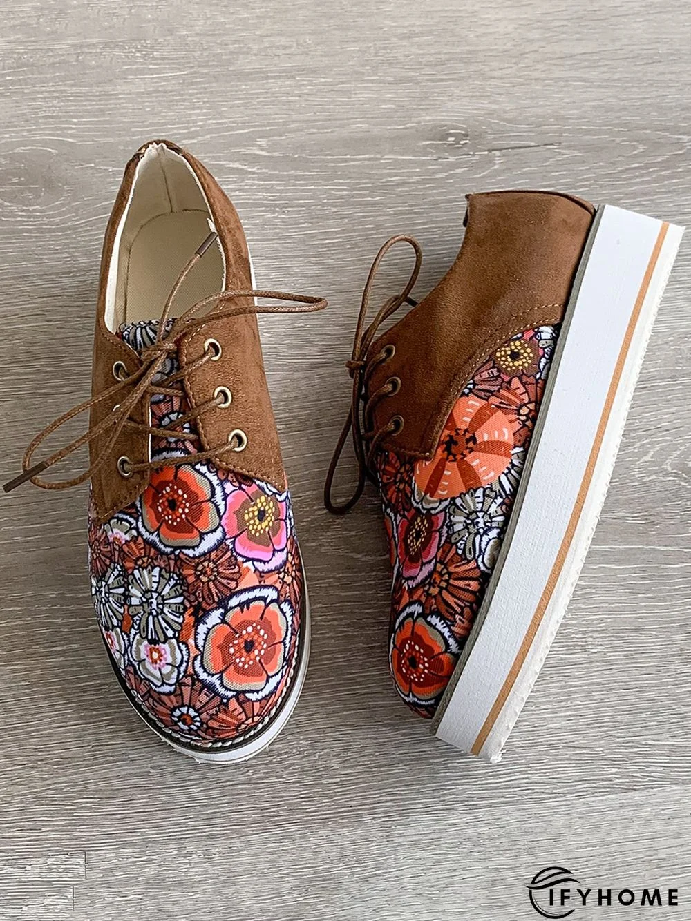 Floral Printed Patchwork Lace Up Shoes | IFYHOME