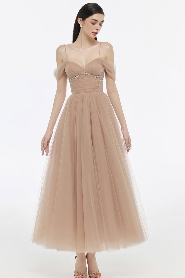 Oknass Tulle Off the Shoulder Sleeveless Long Prom Dress With Sequins