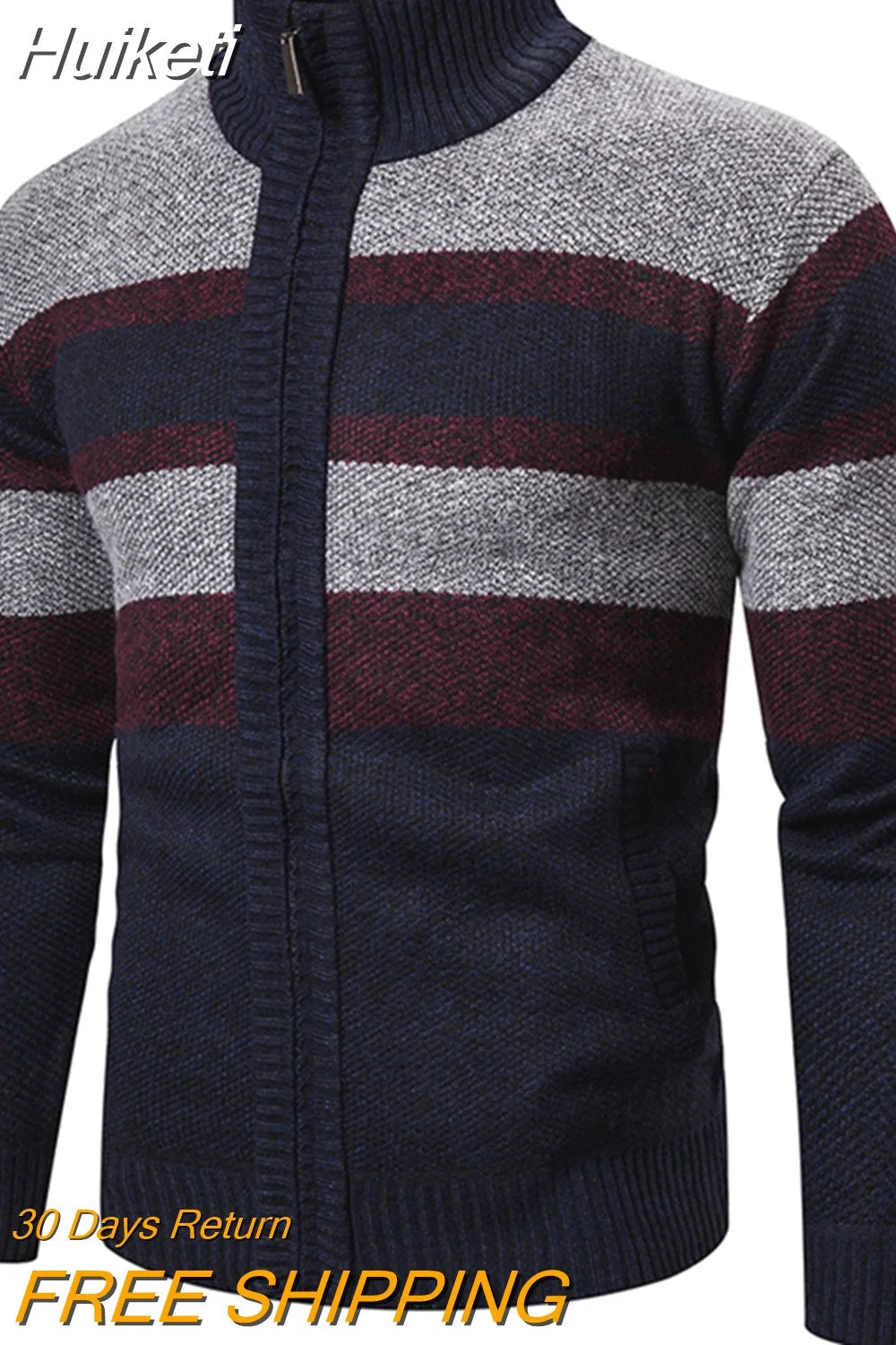 Huiketi Autumn Winter Cardigan Men Sweaters Jackets Coats Fashion Striped Knitted Cardigan Slim Fit Sweaters Coat Mens Clothing 2023