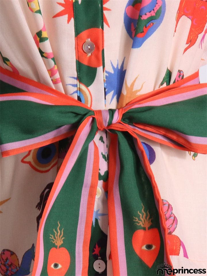 Bohemian Casual Lapel Button Lantern Sleeve Printed Ladies Dress