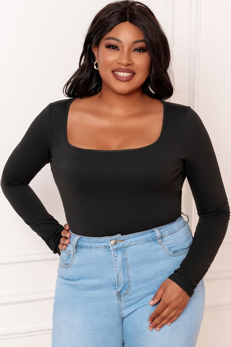 Xpluswear Design Plus Size Casual Square Neck Long Sleeve Black Blouses 