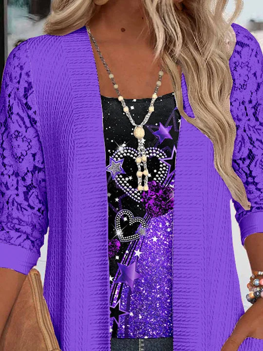 Women Long Sleeve Scoop Neck Love Printed Printed Graphic Pockets Lace Two-Pieced Tops