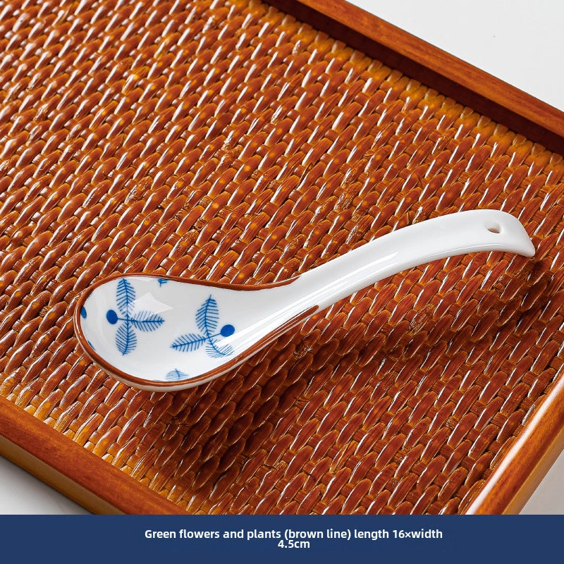 Japanese Style Small Soup Spoon Creative Blue And White Ceramic Spoon Household Thickened Curved Handle Anti-scalding Food Soup Spoon