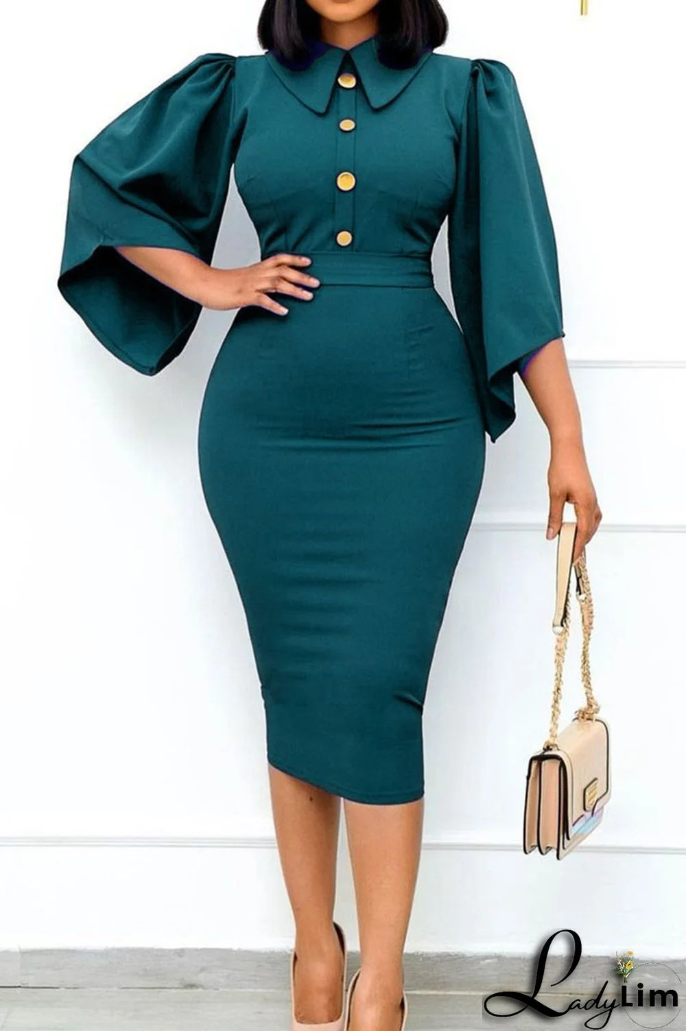 Green Casual Daily Solid Split Joint Buckle Turndown Collar One Step Skirt Dresses