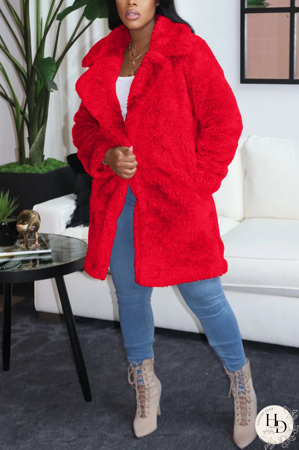 Rose Red Fashion Casual Solid Cardigan Turndown Collar Outerwear