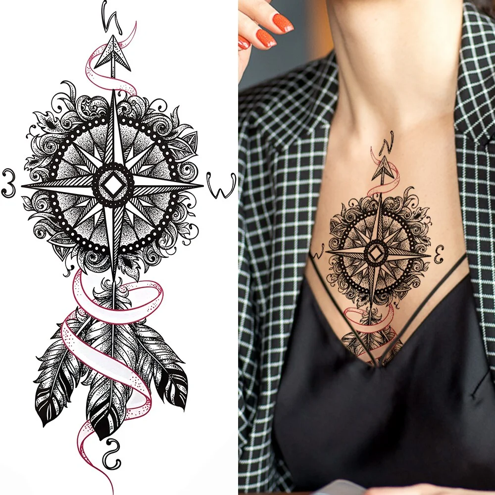 Dragon with Red Rose Tattoo Sticker Realistic Fox Snake Sword Geometric Temporary Tattoo For Women Fake Chains Black Tatoo 515-1