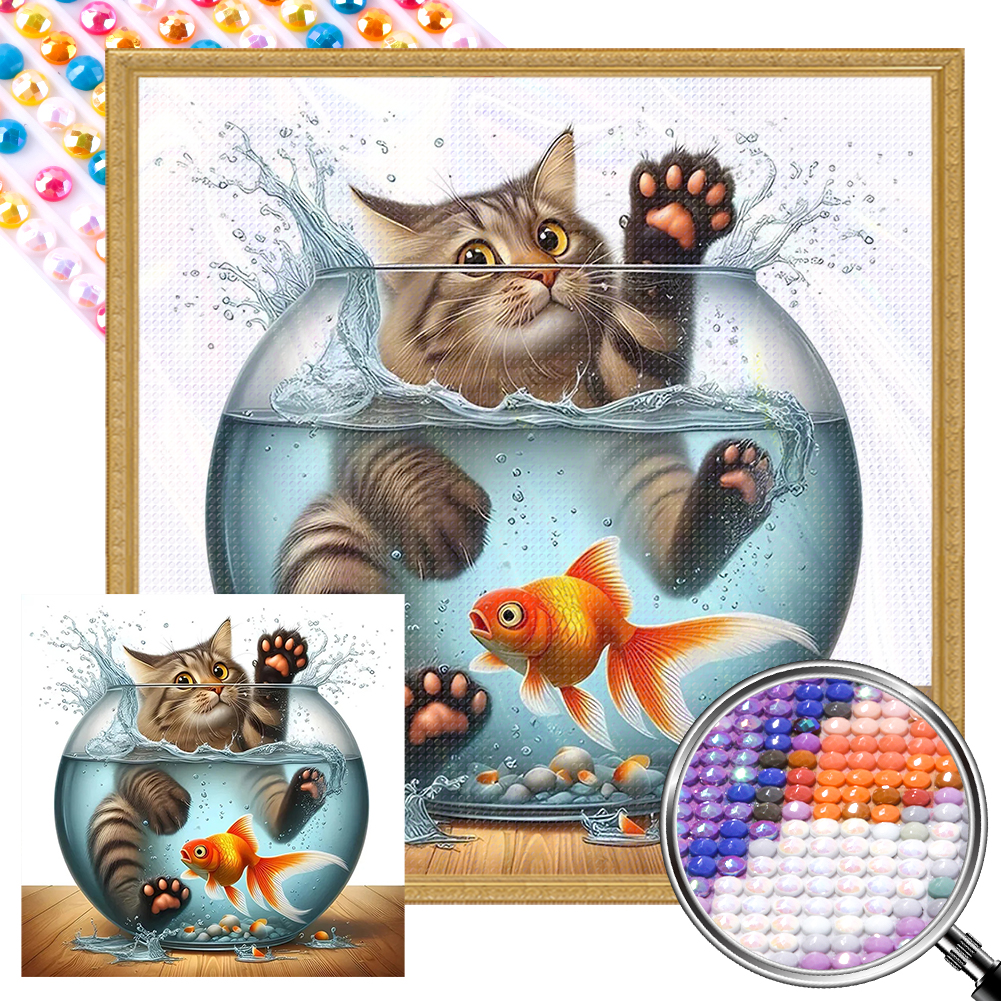 Cat In Goldfish 40*40cm(picture) full round drill diamond painting with 3 to 5 colors of AB drills