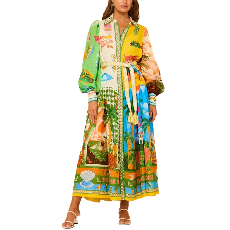 Uveng Uveng Women's Temperament Print Lantern Sleeve Belt Shirt Big Hem Dress Woman