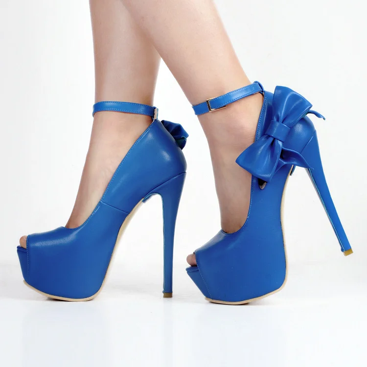 Blue Peep Toe Stiletto Heels Side Bow Ankle Strap Platform Pumps |FSJ Shoes