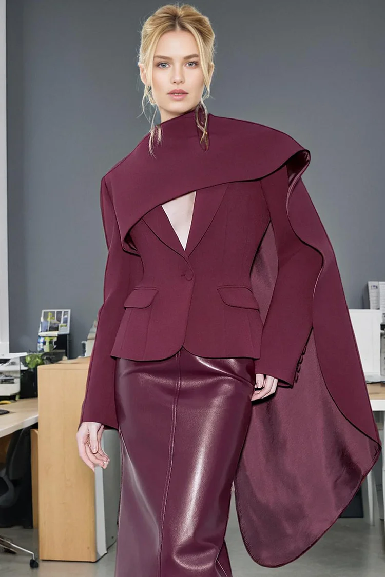 Notch Lapel One Button Asymmetrical Cape Blazer-Burgundy