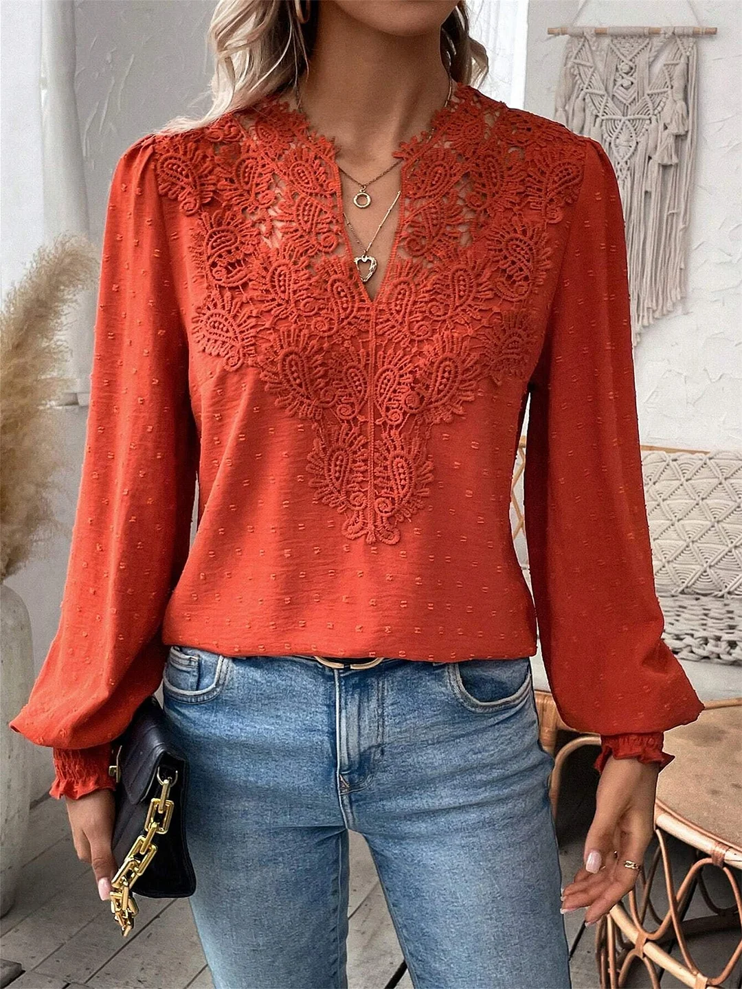 Women Long Sleeve V-neck Solid Color Lace Tops