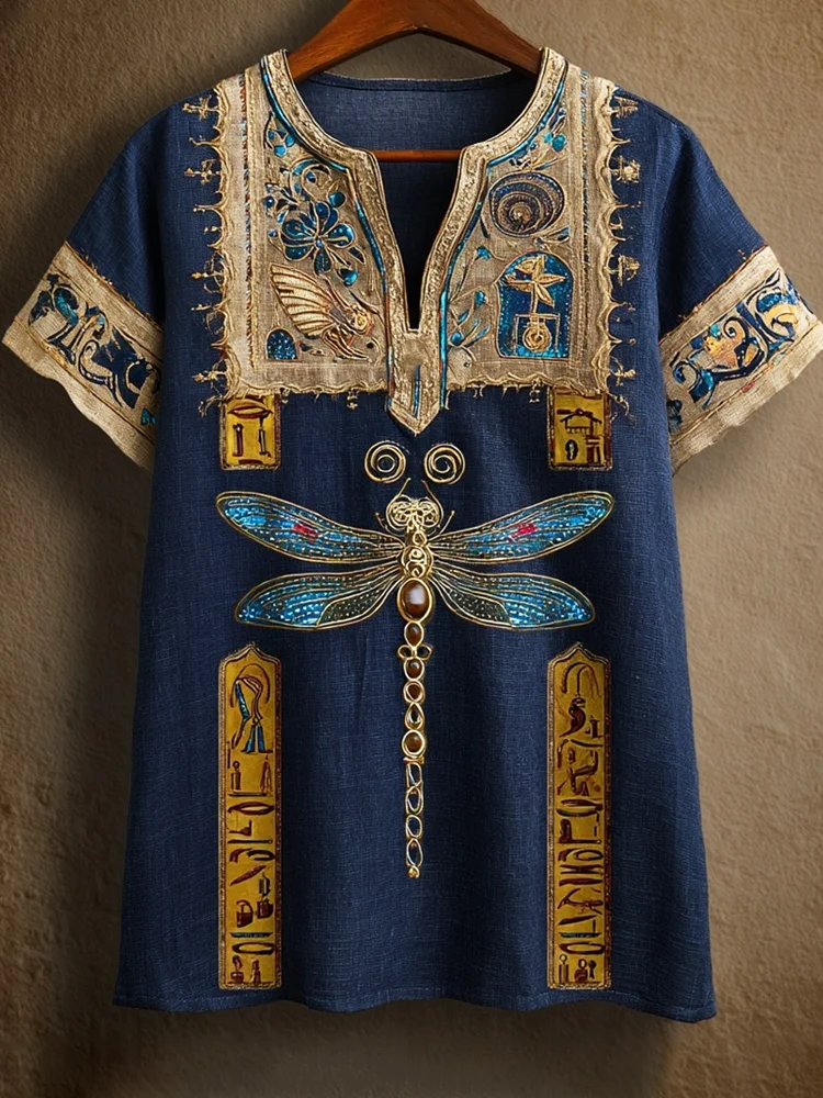 Vintage Egyptian Dragonfly Ethnic Floral Women's Linen V-neck Shirt