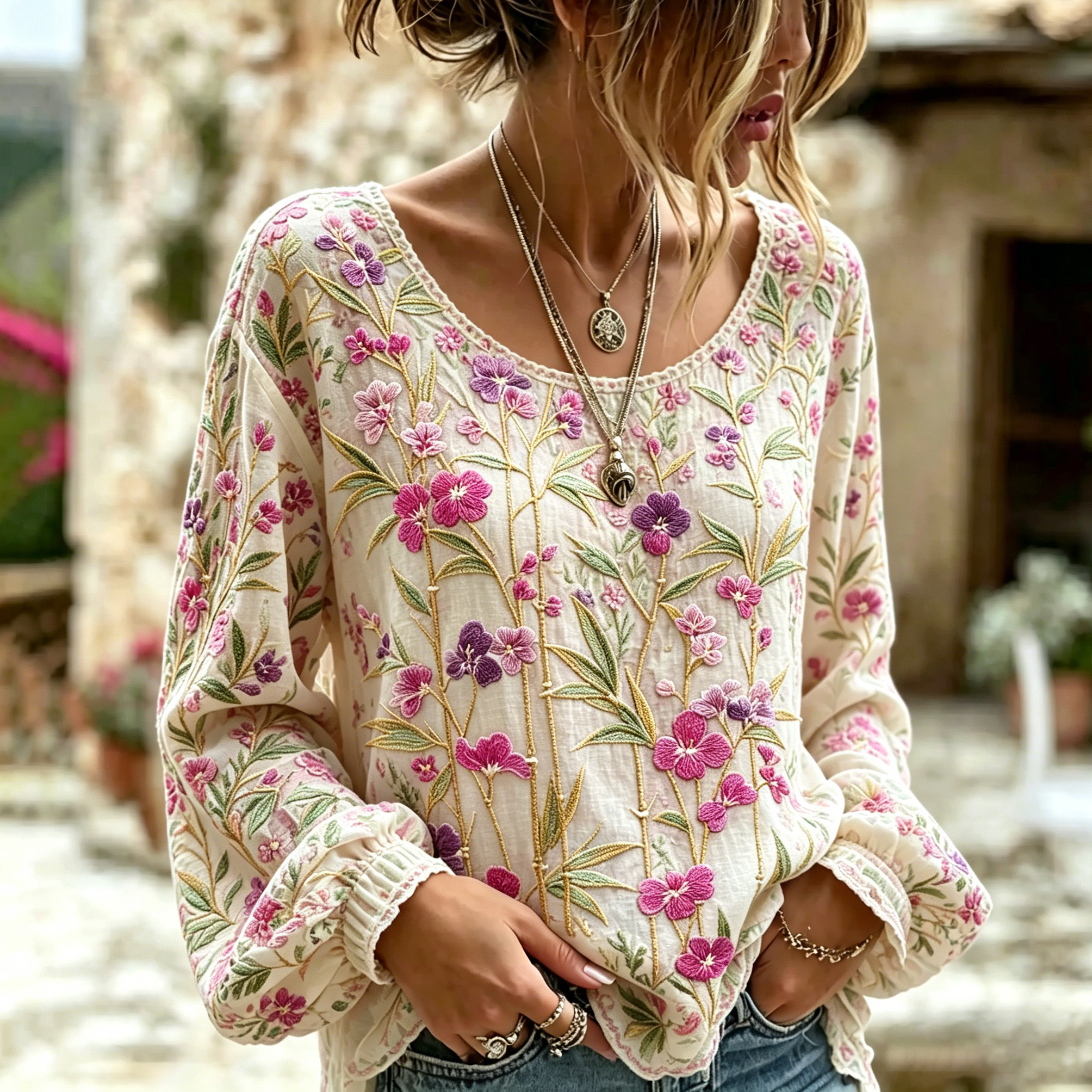 Women's Floral And Bamboo Print Casual Long-sleeve T-shirt elevenforest