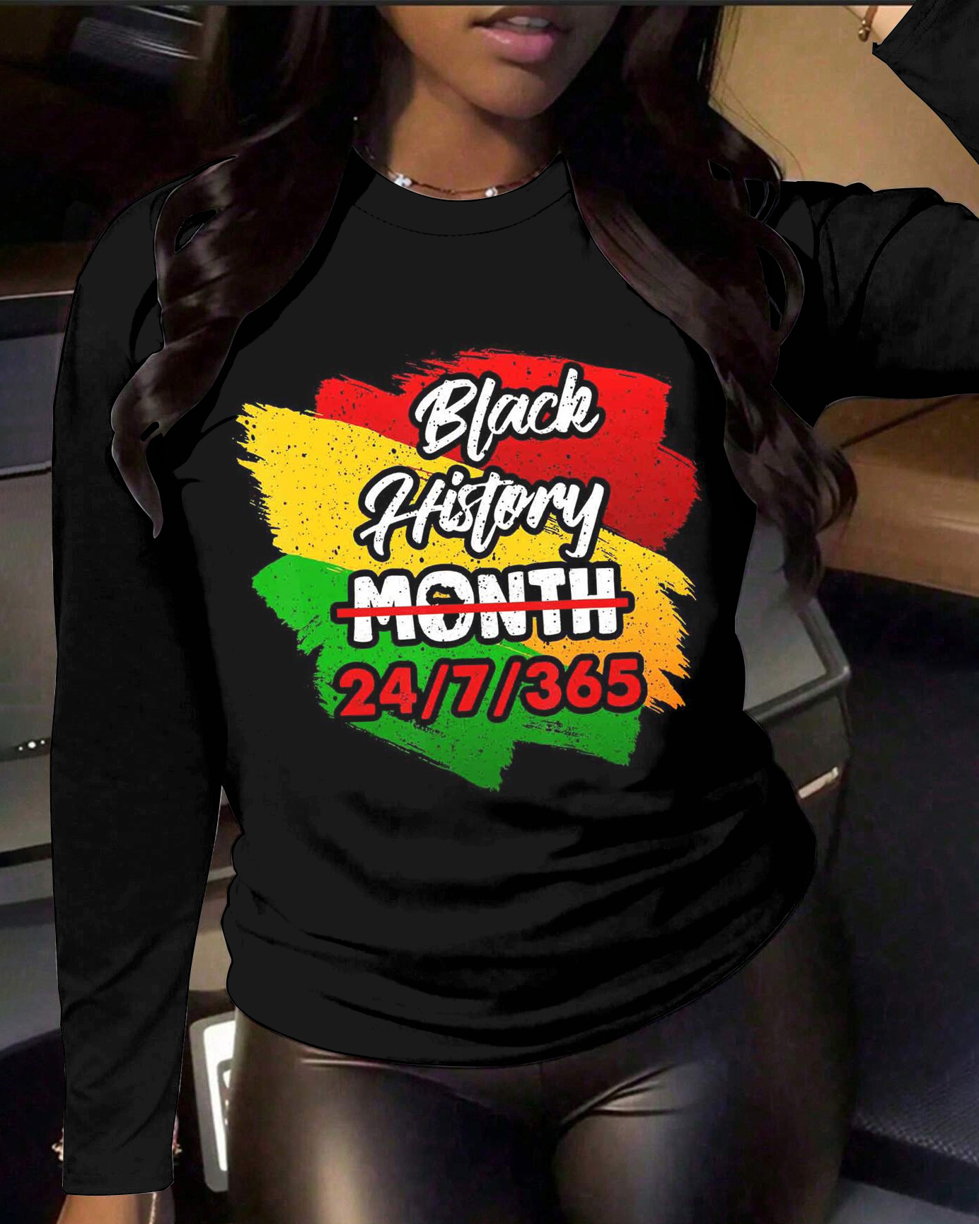 Black History Month Print Crew Neck Long Sleeve T-shirt