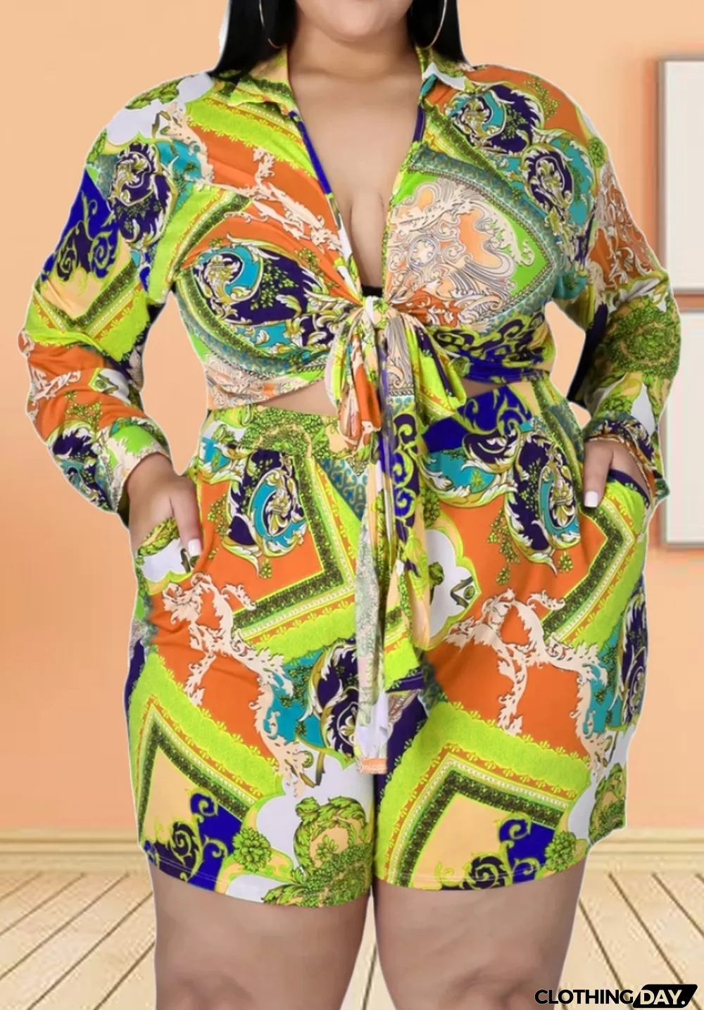 Summer Plus Size Print Long Sleeve Knotted Blouse and Matching Shorts 2PC Set