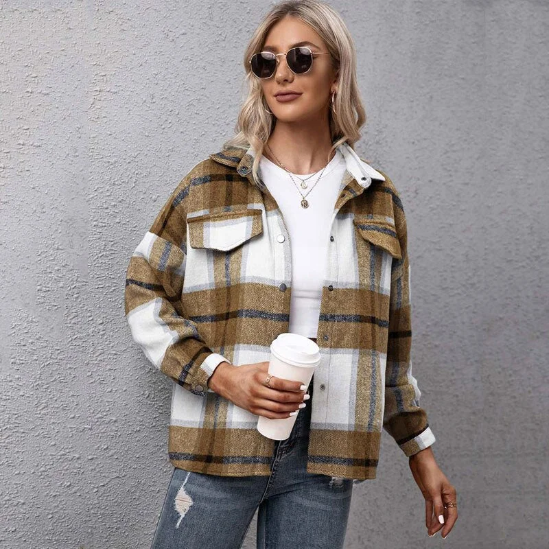 Autumn Plaid Shirts Oversize Checkered Jacket Women Loose Style Outerwear Fashion Streetwear  Long Sleeves Thick Shirt Jacket