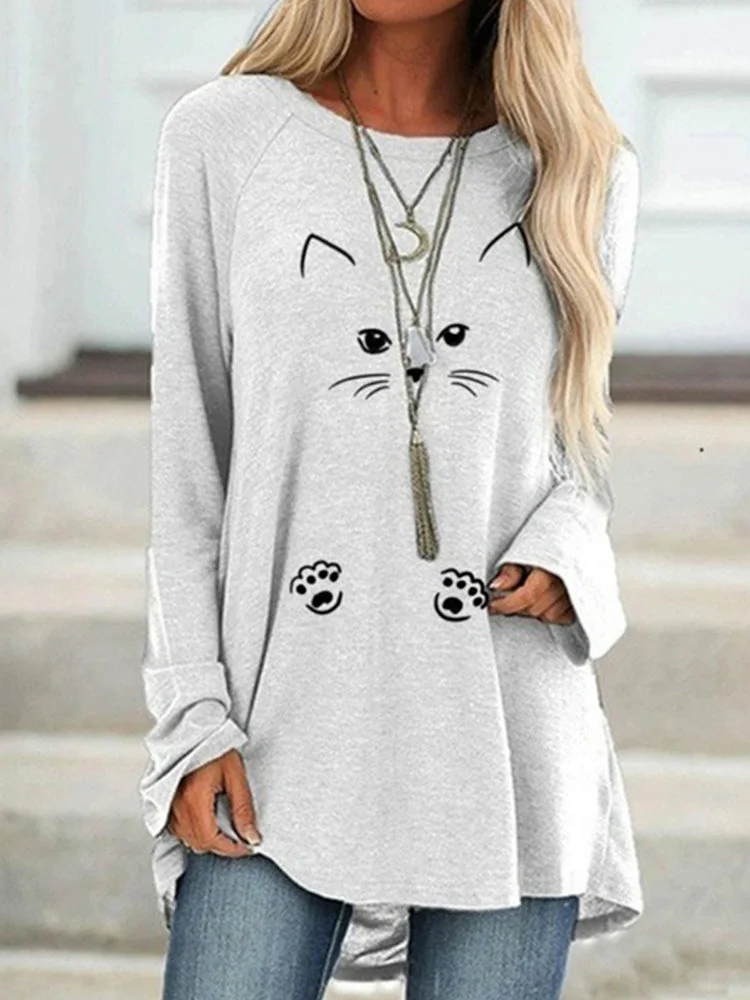 VChics Lovely Cat Face Printed Long Sleeve Casual Tunic