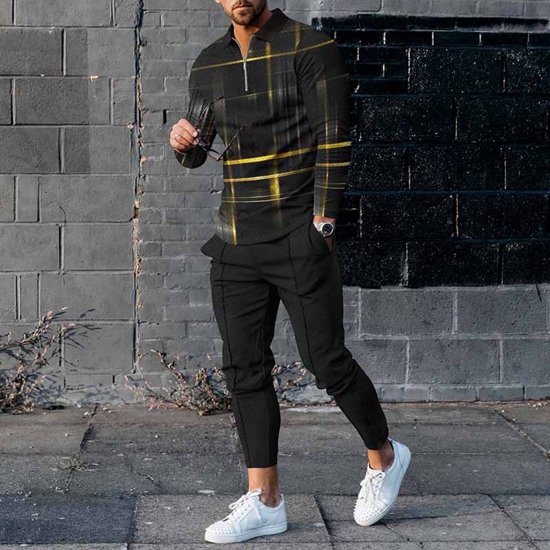Fashion Black Gold Plaid Gradient Polo Shirt And Pants Co-Ord