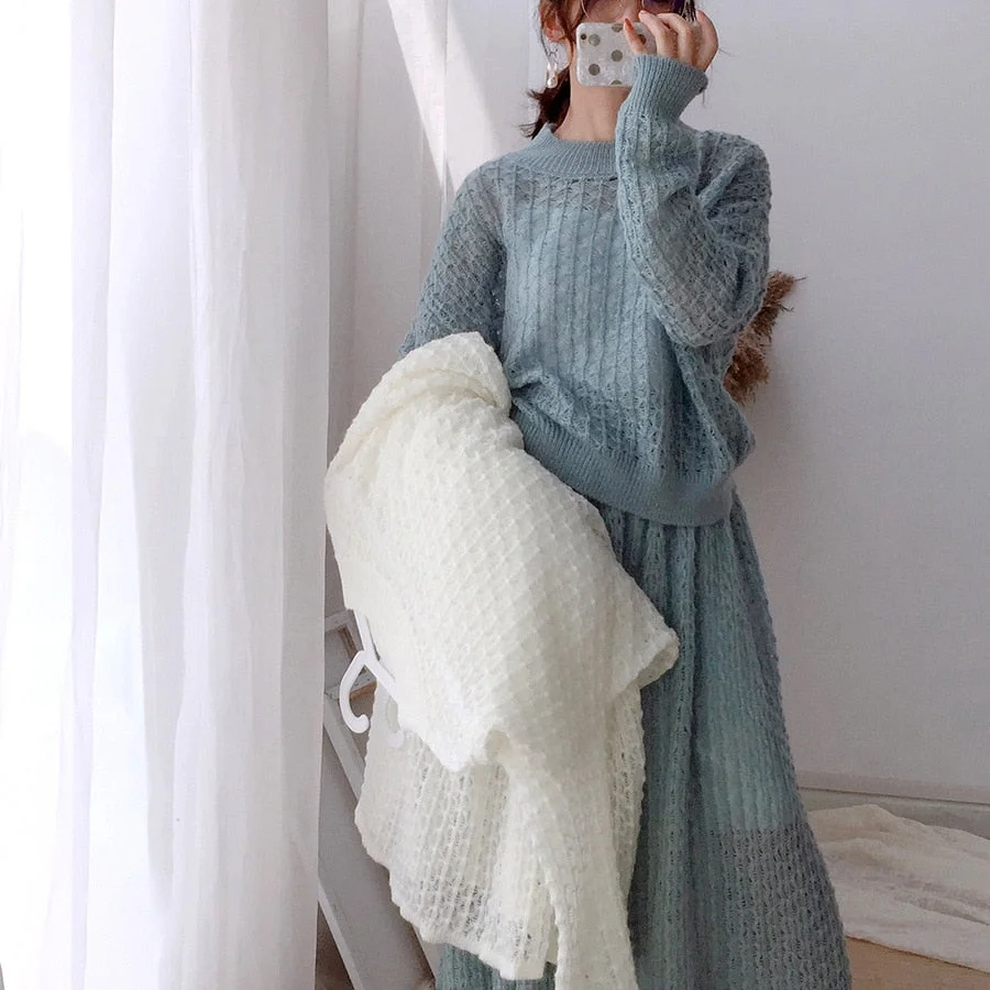 UForever21 New Sweater Suit Skirt White Kawaii Loose Hollow Knitted Two-Piece Knitted 2 Pieces Set 2022 Women Office Lady Pullovers Sweater