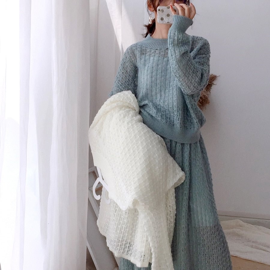New Sweater Suit Skirt White Kawaii Loose Hollow Knitted Two-Piece Knitted 2 Pieces Set 2020 Women Office Lady Pullovers Sweater