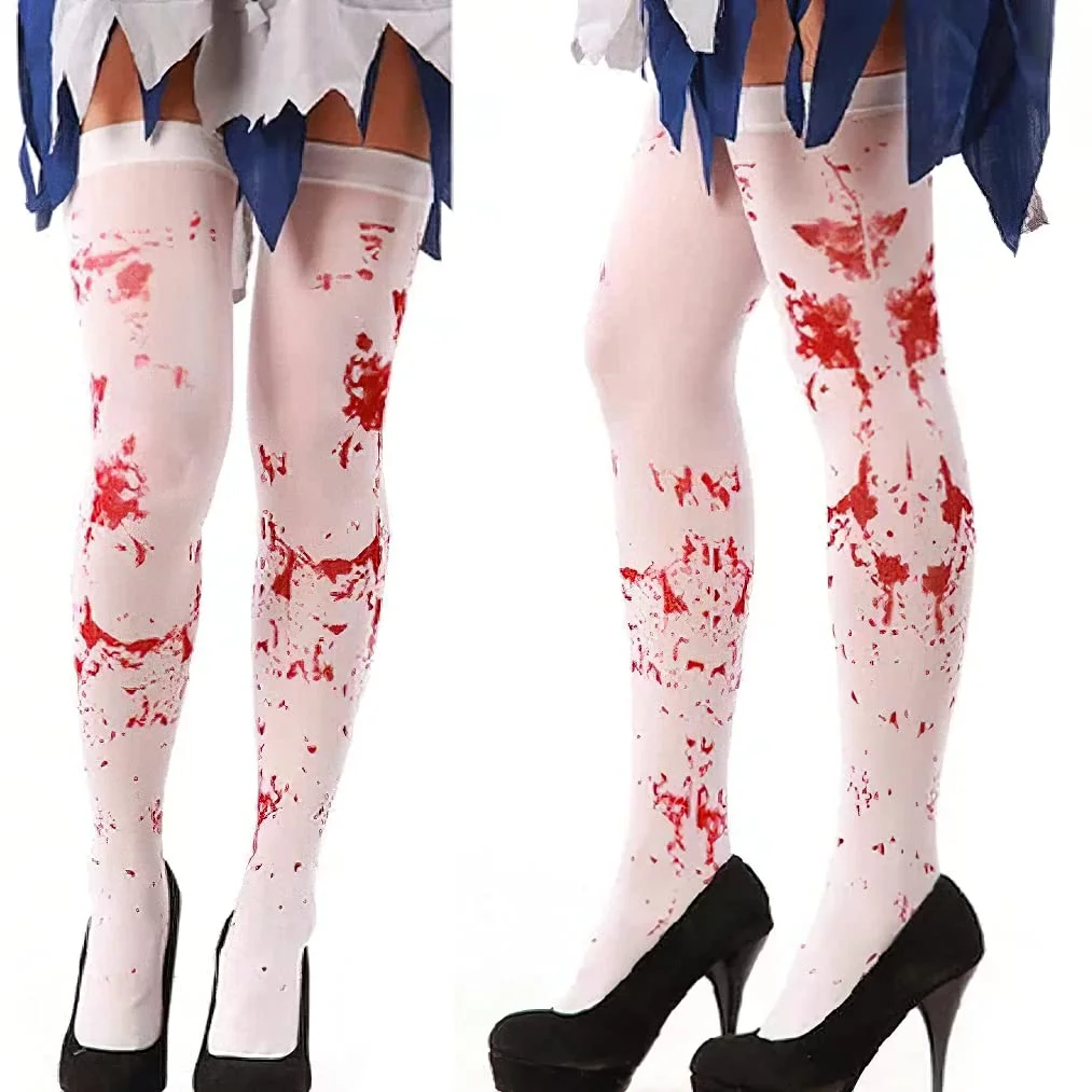 Women Stockings High Socks for Halloween Cosplay Costume Bloody Socks White and Red Blood Stained