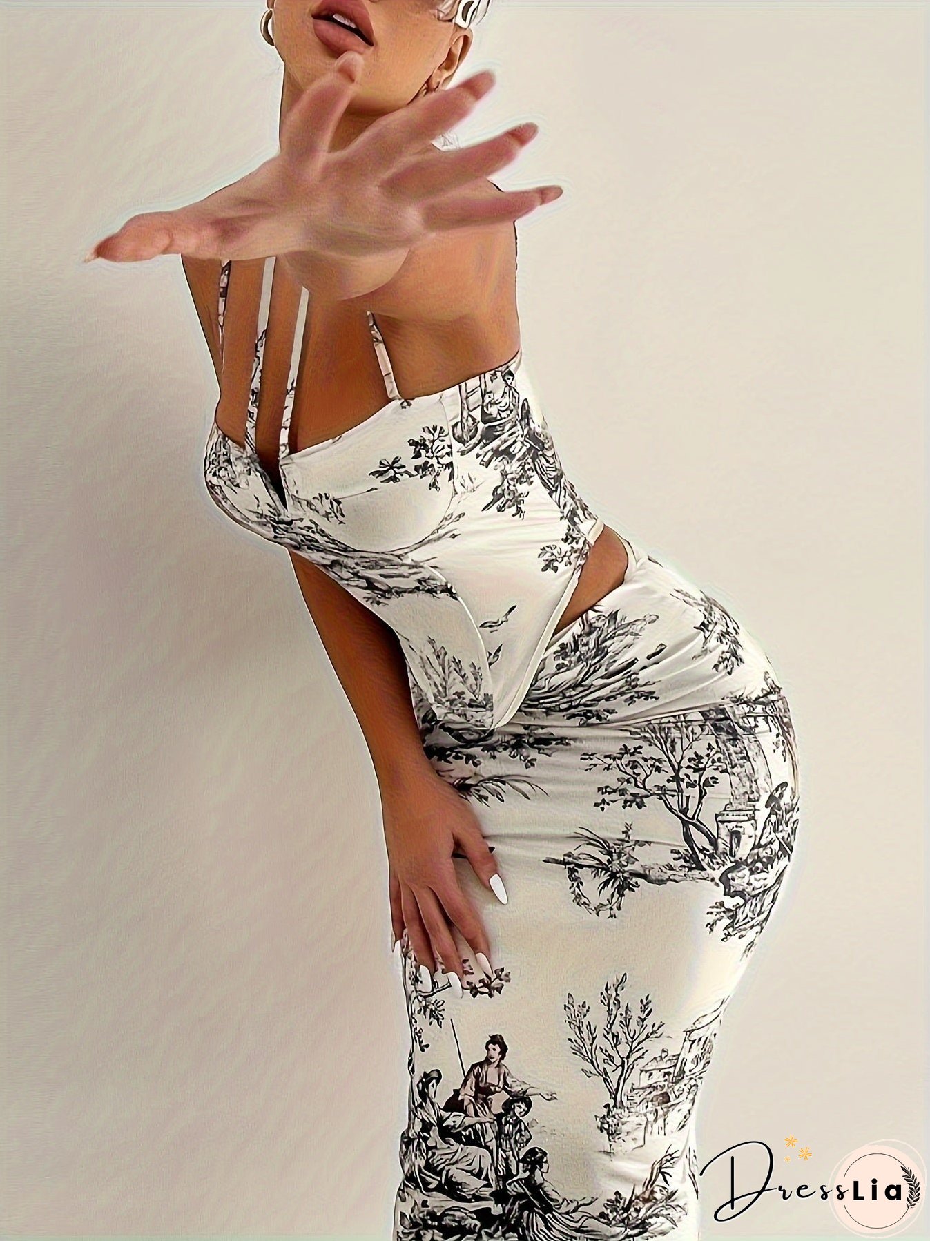 Graphic Print Matching Two-piece Set, Sexy Sleeveless Top & Bodycon Skirt Outfits, Women's Clothing