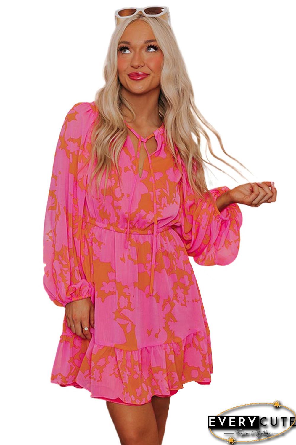 Rose Abstract Printed Puff Sleeve Ruffle Flowy Dress