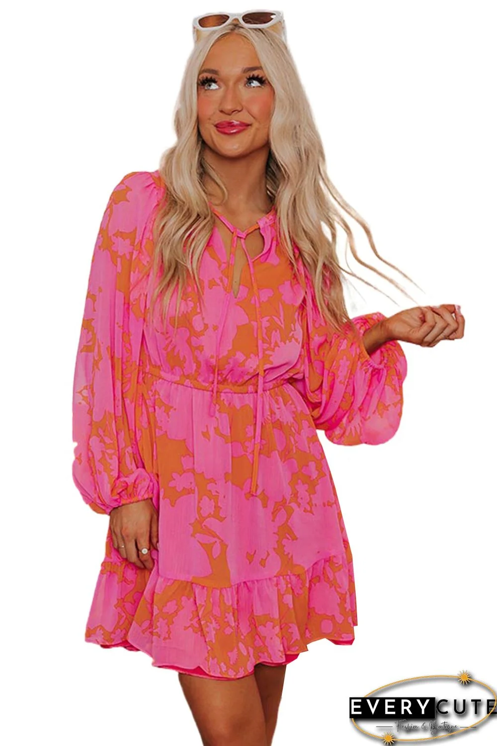 Rose Abstract Printed Puff Sleeve Ruffle Flowy Dress