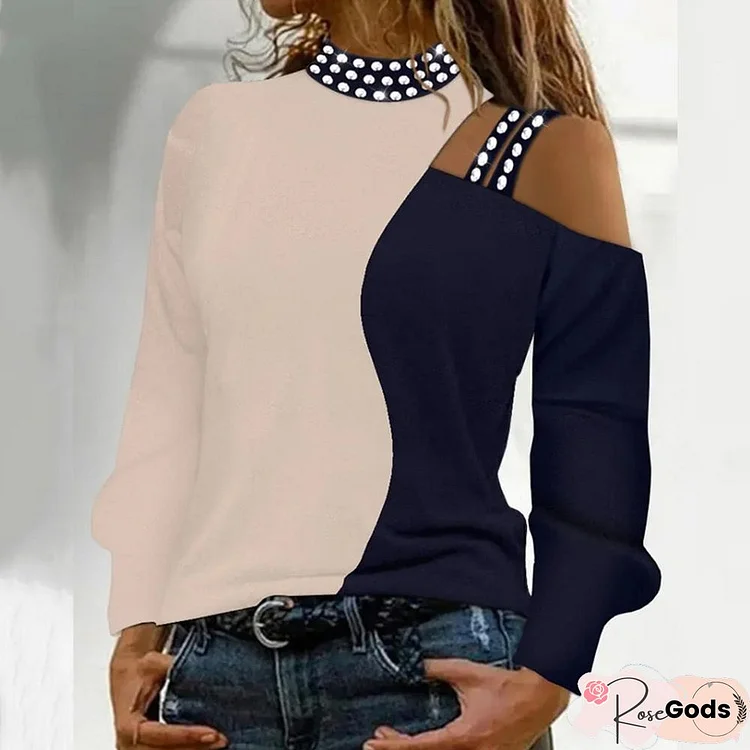 Women Elegant Color Blocking Blouse Casual O-Neck Long Sleeve Loose Shirts Fashion Diamond Studded Hollow Halter Pullover Tops