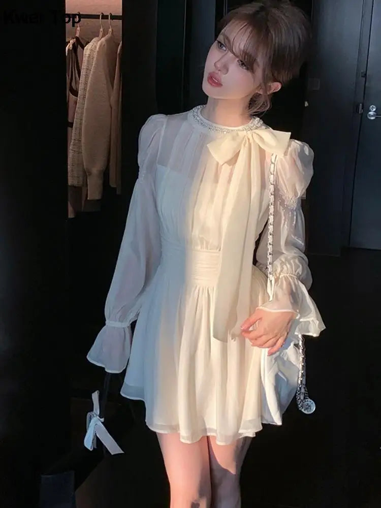 Aiertu Elegant Chiffon Y2k Party Mini Dress Korean Women Fashion Long Sleeve One Piece Vestidos Spring Autumn Wedding Robe Aiertu