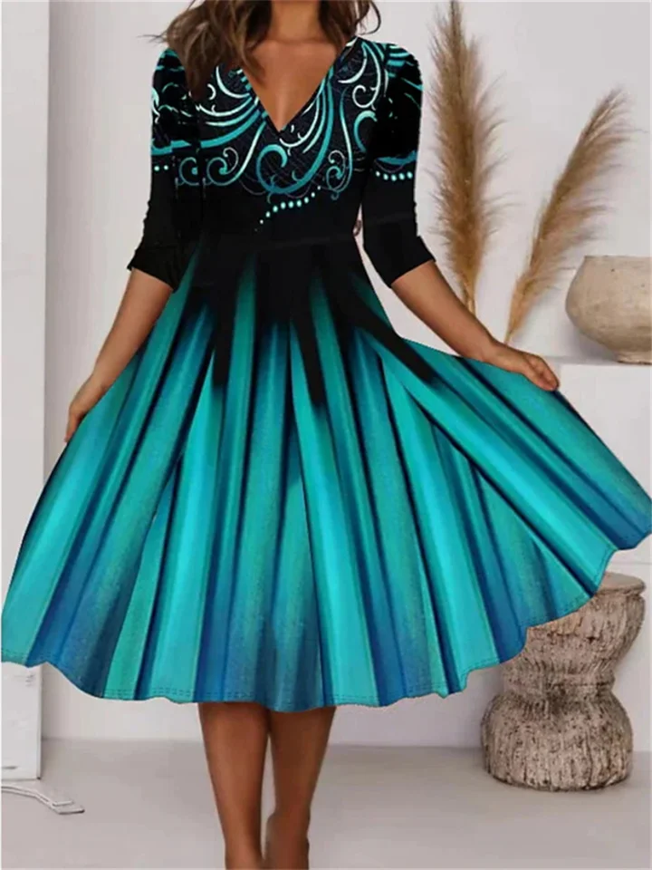 Women's Casual Dress Swing Dress Midi Dress Green 3/4 Length Sleeve Print Winter Fall Spring V Neck Modern Wedding Winter Dress Office 2022 S M L XL 2XL 3XL