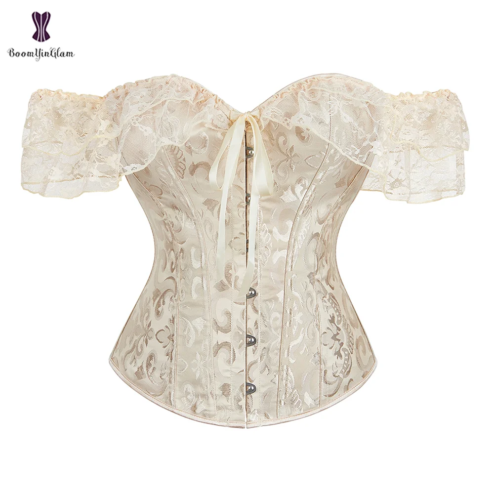 Uaang Women's Princess Renaissance Corset Black White Red Green Beige Floral Lace Short Sleeves Elegant Halloween Bustier Top