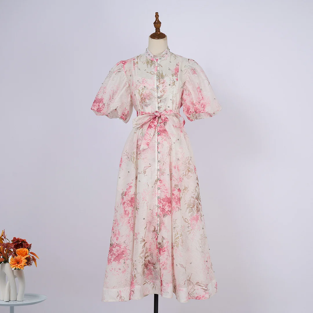 Nigikala Nigikala Court Style High Design Feeling Heavy Industry Nail Drill Short Sleeve Single Buckle Dress + Sling