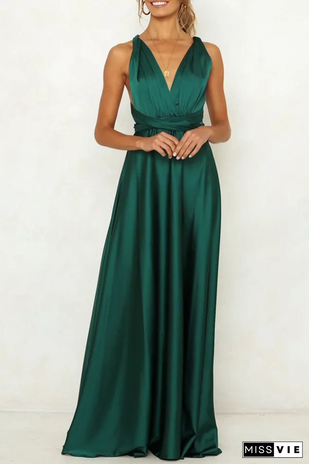 Celebrities Elegant Solid Backless Strap Design V Neck Evening Dress