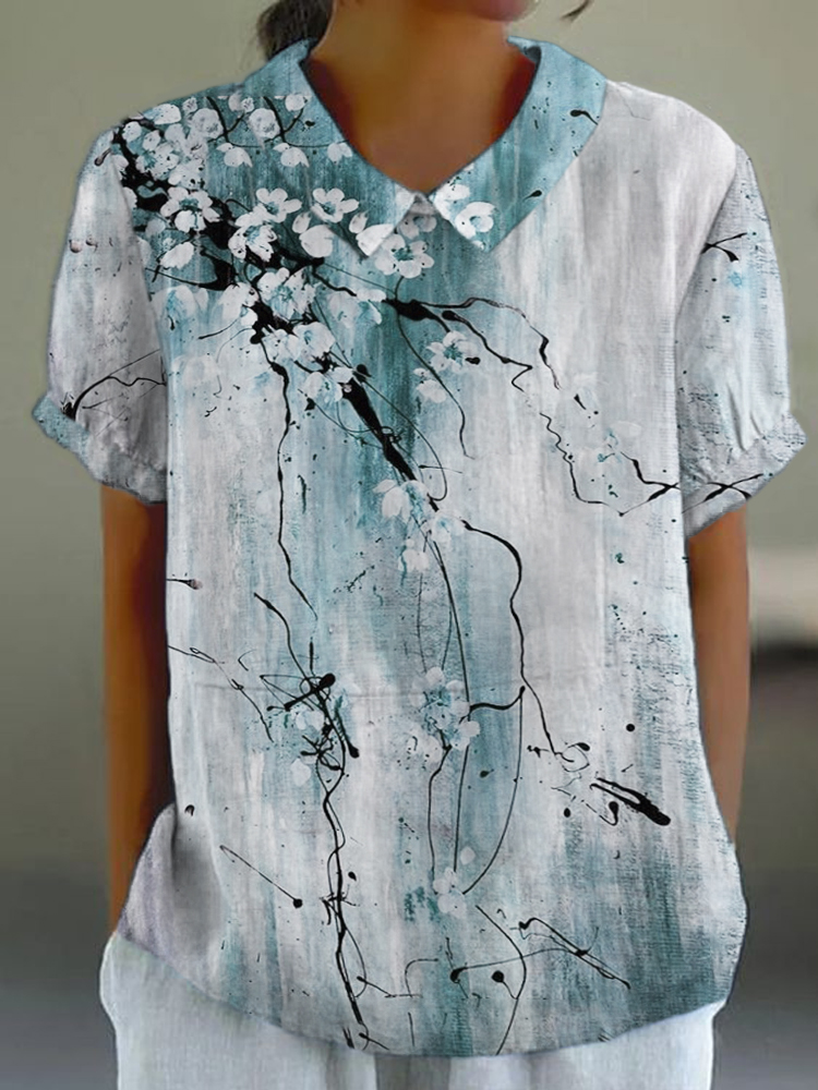 Vintage Ink Flower Print Linen Lapel Shirt artswardrobe