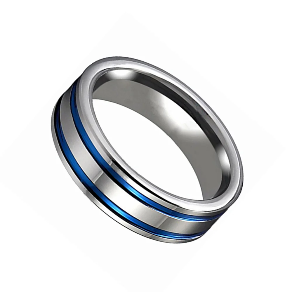 6MM 8MM Two Grooves Plated Blue Glossy Mens Silver Tungsten Rings