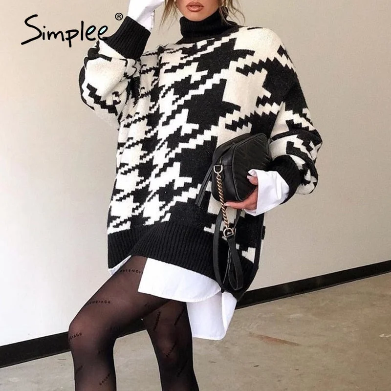 Simplee Turtleneck knitted autumn winter sweater women Houndstooth long pullover femlae Fashion warm black white sweater ladies