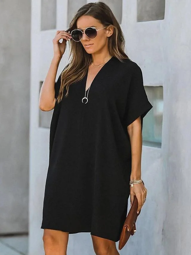 Women's Shift Dress Knee Length Dress Short Sleeve Solid Color Patchwork Fall Summer Hot Streetwear Oversized Black Wine S M L XL XXL