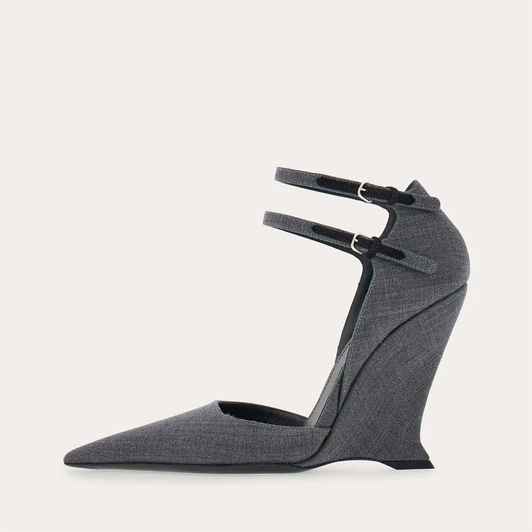 Grey Fabric Pointed Toe Buckled Double Ankle Strap Wedge Pumps |FSJ Shoes