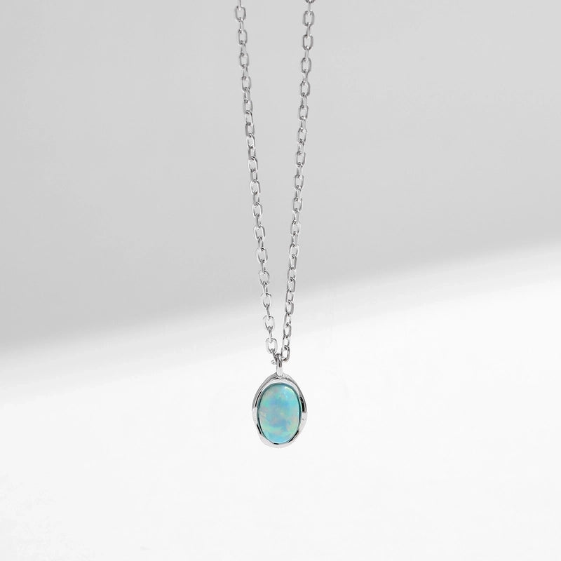 925 Sterling Silver Rack Plated Opal Cable Chain Inlay Oval Pendant Necklace