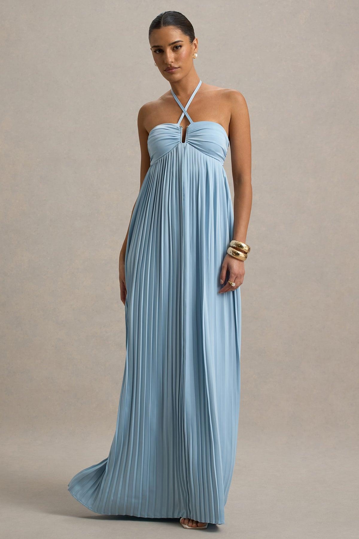 Lussooy Sweetheart Beautiful Blue Satin Halter Sleeveless Long Prom Dress with Pleated 