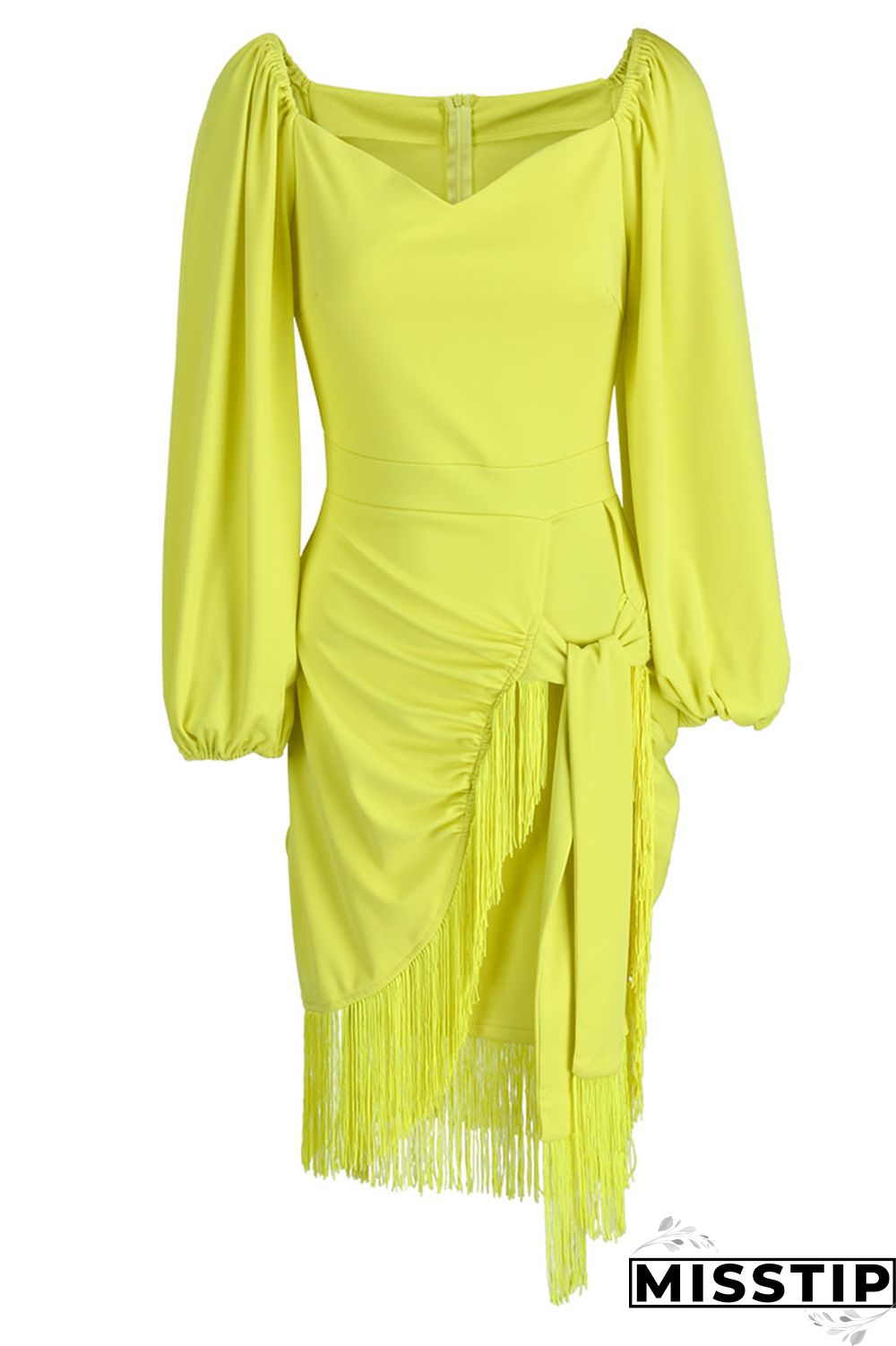 Green Casual Solid Tassel Patchwork Asymmetrical V Neck Straight Dresses
