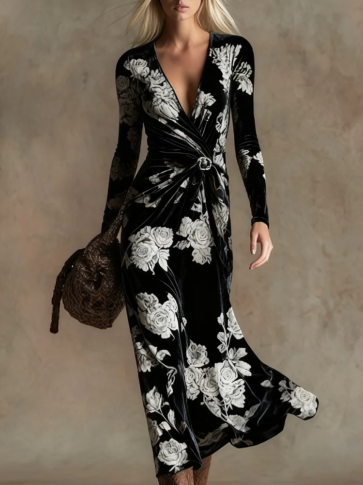Elegant vintage print V-neck velvet maxi dress