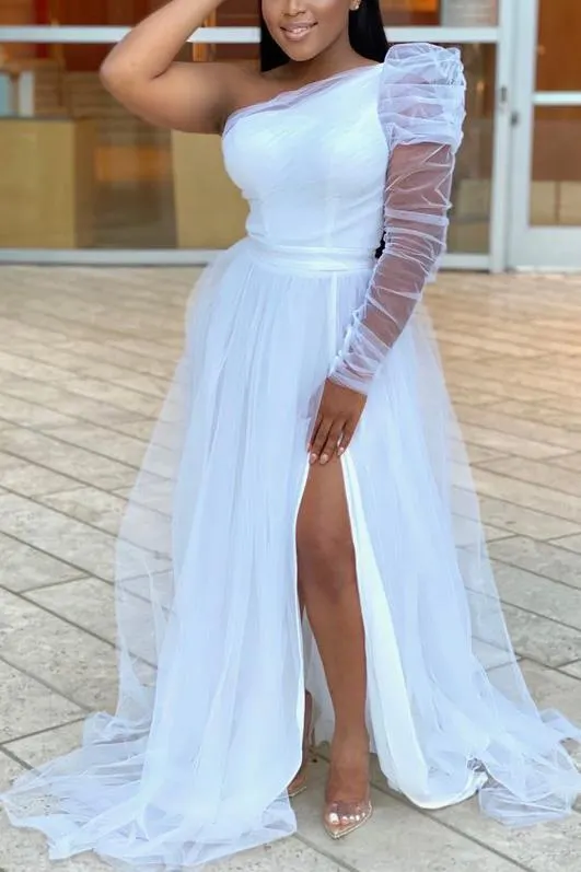 One Shoulder Maxi Tulle Column Plus Size Wedding Guest Dress pau4278