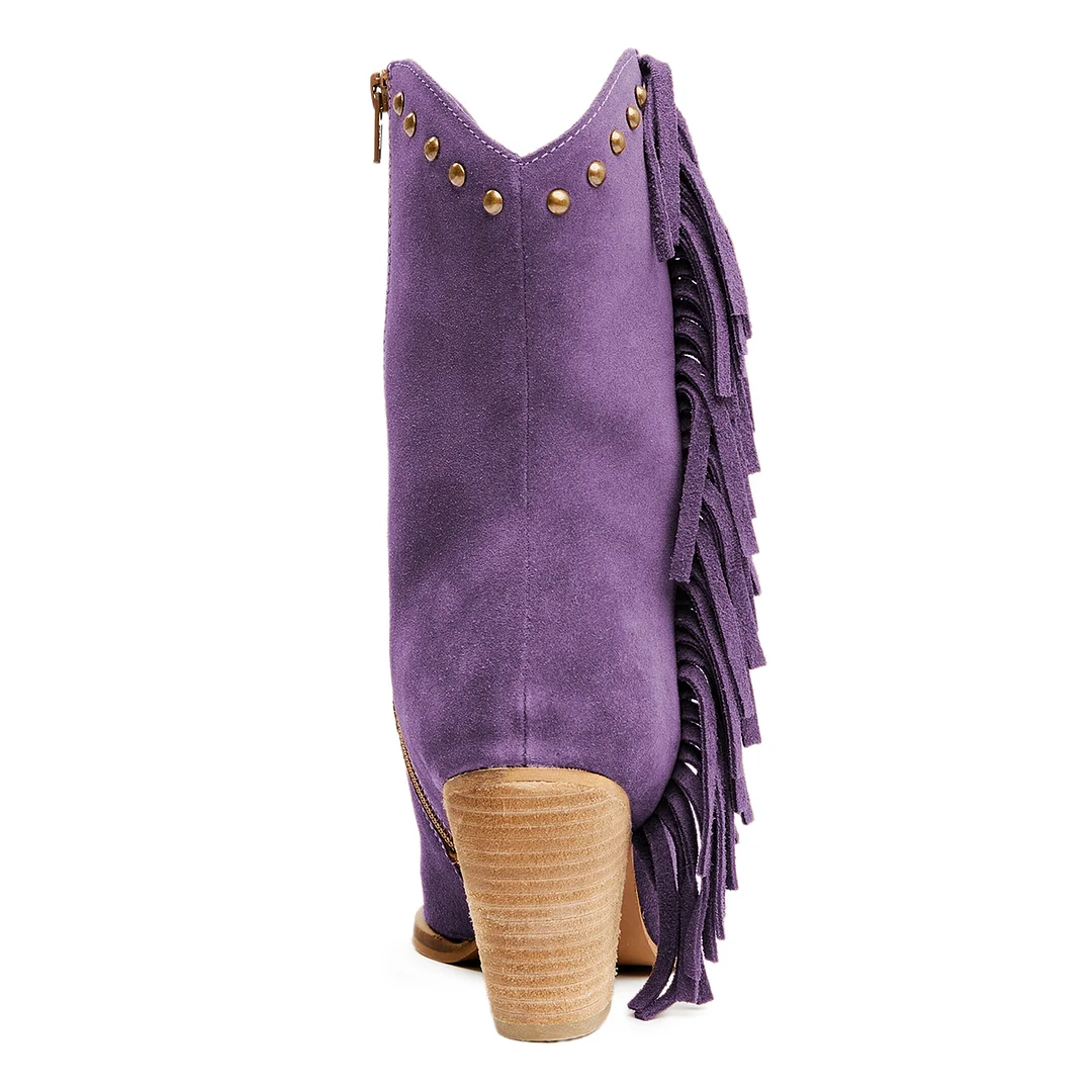 Faux Suede Side-Zip Fringe Decor Studded Ankle Boots in Purple