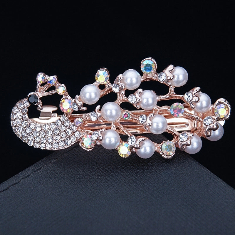 Korean Hair Accessories Rhinestone Bow Simple Hairpin Adult Pearl Horizontal Clip Ponytail Clip Top Clip Spring Clip Small