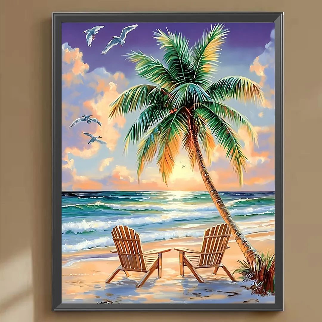Sunset Beach Palm Oil Diamond Painting Kit 30x40cm