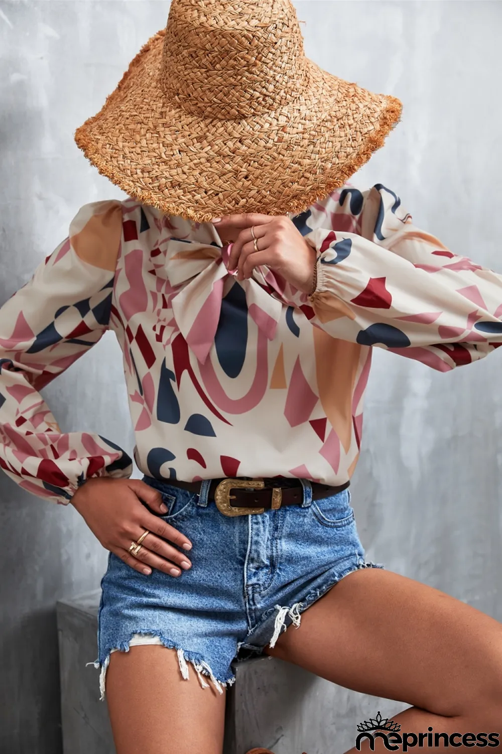 Women Spring Pink Modest V-neck Lantern Sleeve Geometric Print Chiffon Bow Regular Blouse