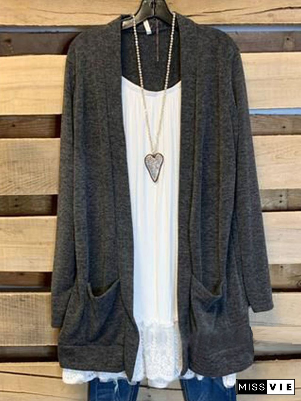 Gray Solid Pockets Long Sleeve Knit coat